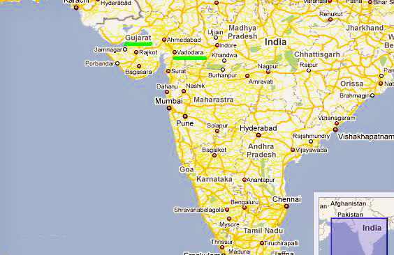 Mapa parcial de la India, con subrayado de las ciudades que frecuent  don  Teodoro 