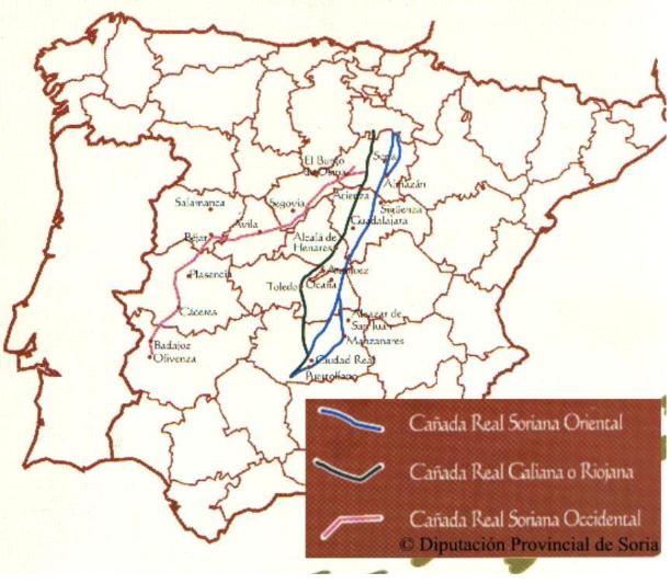 Mapa de la Península Ibérica con las cañadas reales sorianas